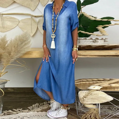LEA™ | Lang Kjole i Denim-Stil