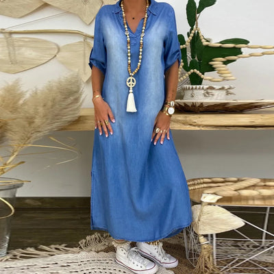 LEA™ | Lang Kjole i Denim-Stil