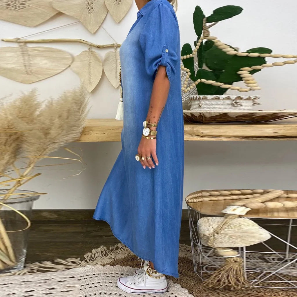 LEA™ | Lang Kjole i Denim-Stil