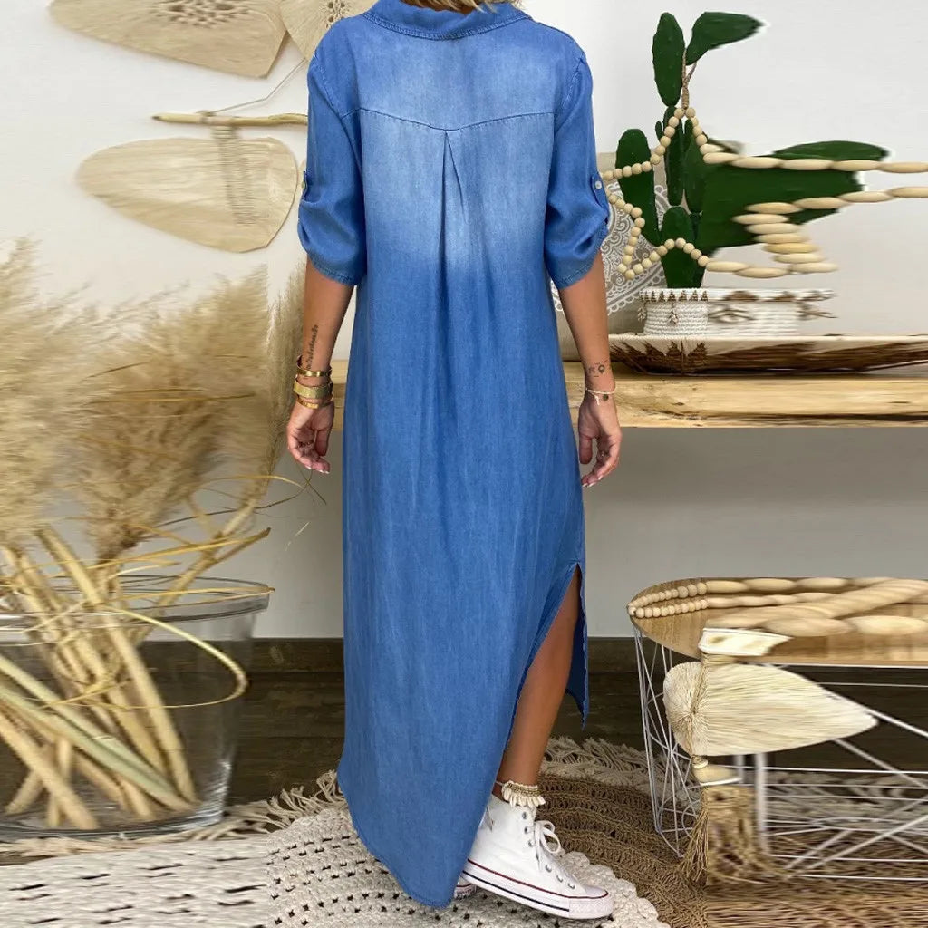LEA™ | Lang Kjole i Denim-Stil